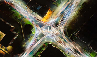Looking down at the light trails on a roundabout in Ipswich, Suffolk, UK