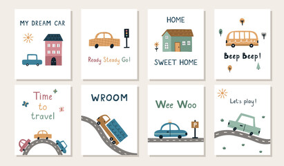A collection of cute kid's posters. A set of cards with hand drawn cartoon cars and roads. Vector nursery illustration