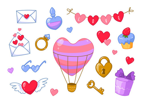 Set of decor objects for Valentine's Day. Cute cartoon drawings for Valentine's Day, wedding, bachelorette party. Heart, invitation envelope, diamond ring, key, lock, sweets and gifts.