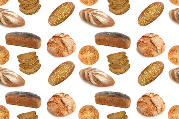 Fototapeta na wymiar Large seamless pattern fresh loaves bread isolated on white