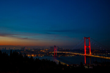 Istanbul. Bosphorus Bridge at dusk from Nakkastepe.