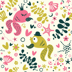 Cute seamless pattern with cartoon fish.