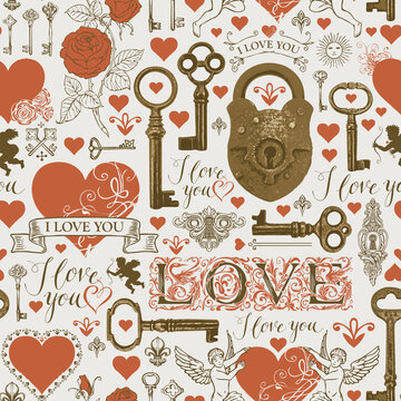 Seamless pattern on a love theme with initial letters, red hearts, bronze vintage keys, old padlock, angels. Vector background in retro style for valentine greeting. Wallpaper, wrapping paper, fabric