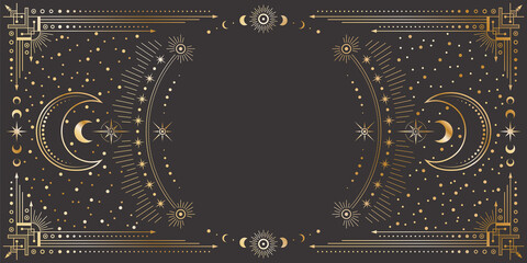 Vector mystic celestial golden frame with stars, moon phases, crescents, arrows and copy space. Ornate shiny magical linear geometric border. Ornate magical banner with a place for text