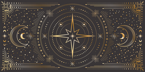 Vector celestial background with ornate outline geometric frame, star, moon phases, dotted radial circles and crescents. Mystic golden linear banner with magical symbols. Cover for tarot card - obrazy, fototapety, plakaty