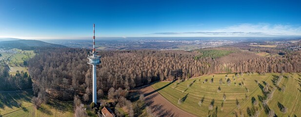 Drone panorama of the radio tower near Ettlingen in Germany with view of Karlsruhe and the Rhine...
