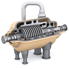 Disassembled steam turbine on a white background. Turbine interior. 3d illustration © Filipp