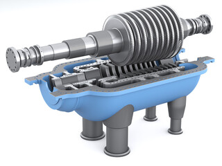 Disassembled high pressure steam turbine. Isolated turbine shaft with impeller on a white background. 3d illustration © Filipp