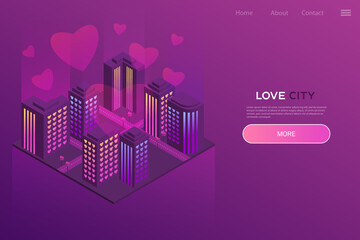 City of love - neon isometric illustration. Design for website, application. Modern isometric style. Love concept, valentine s day