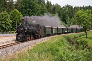 Fototapeta na wymiar On a summer day a steam engine in Lower Austria steams along a stream.