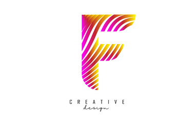 Letter F logo with vibrant colourful twisted lines. Creative vector illustration with zebra, finger print pattern lines.