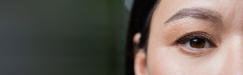 cropped view of asian woman looking at camera, eye care concept, banner.