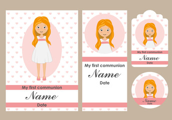  First communion card, bookmark, label and sticker set for girl