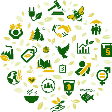 Sustainable development vector illustration. Abstract concept with icons related to global social responsibility, cooperation & equality in society, peace & justice, education, ecological conservation