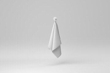 White cotton terry towels hanging on a white background. minimal concept. monochrome. 3D render.