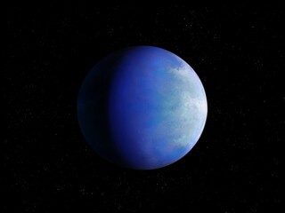 Distant blue planet in outer space. Rocky exoplanet similar to Earth. Science fiction cosmos