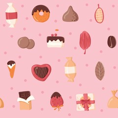 Seamless pattern of chocolate products on a pink background. Ideal for wrapping paper, postcards, business cards. Valentine's Day. Vector illustration.