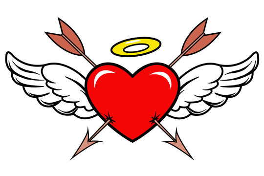 Valentine's day card. a heart pierced by an arrow. a heart with angel wings and a golden halo. drawing in the style of a tattoo. vector clipart