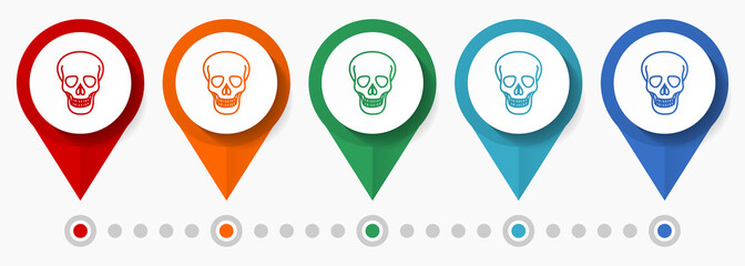 Skull, death concept vector icon set, flat design pointers, infographic template
