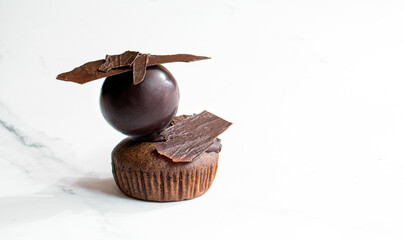 Chocolate cupcake with chocolate decorations on a pastel background