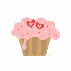 Cake and doodle hearts.  Design for postcards, invitations to Valentine's Day. Vector illustration. Isolated background.	