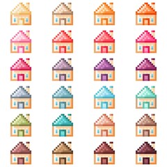 Sweet color roof house pixel art set. Vector illustration.