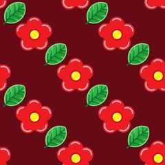 Red flower and green leaves, seamless pattern on the crimson background. Vector illustration. Wrapping paper.