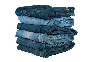 A stack of jeans in different colors on a white background. Jeans isolate with place for inscription