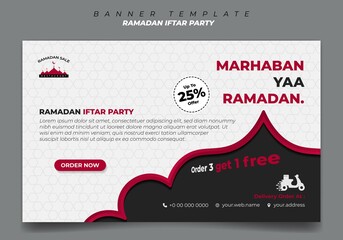 Banner template in Black and white with red line islamic background design. Iftar mean is breakfasting and marhaban mean is welcome.