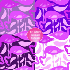 Obraz na płótnie Canvas Seamless set of flamingo patterns. Pink flamingos on a white, gray, purple, maroon background with pink feathers. For the use of paper, textile, digital products. Creative room design.