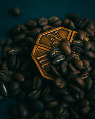 Brass puzzle, coffee and leather