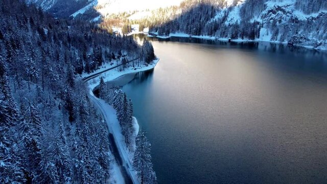 Ice winter on the Predil lake. Friuli