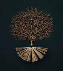 Gardinen Golden tree growing from the old book, Education and knowledge concept. Flat lay. © lagano