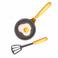 Fried eggs in a frying pan. A spatula for a frying pan. Vector illustration on the theme of breakfast.