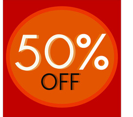 50 percent discount. Golden floating balloon, white letters and red background. For promotions and offers.