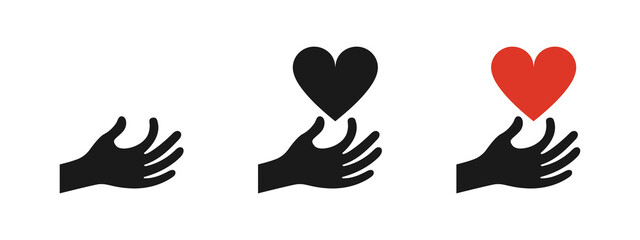 Red heart in hands. Icon set. Vector illustration.
