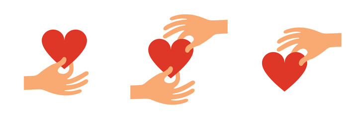 Red heart in hands. Icon set. Vector illustration.