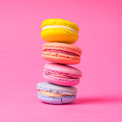 Macaroons. Colorful macaroons cookies on a pink background. Square composition.