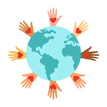 Planet Earth, hands and heart - a symbol of peace and unity of communities. vector illustration