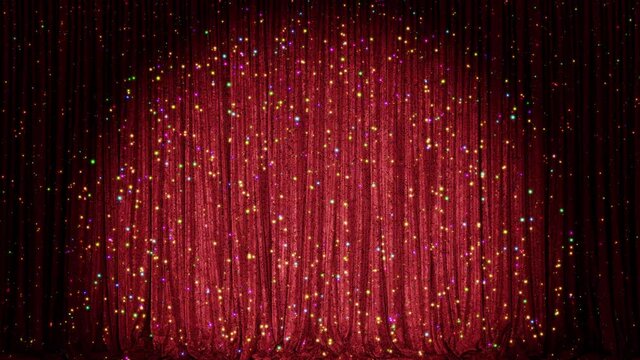 Realistic 3D animation of the luxurious and fancy red velvet colorful glittering lights single stage curtain rendered in UHD with alpha matte