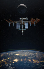 The International Space Station orbiting planet Earth and moon. Scientific space exploration using a space station. Elements of this image furnished by NASA. © Tryfonov
