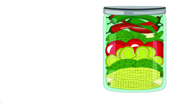 Vector Illustration Of Mixed Canned Vegetables In A Jar, Healthy Food Promotion.