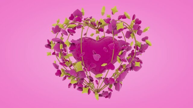 Continuous 3D animation of a beating heart, and a golden cage that rotates in a cloud of hearts and stars. 3d animation for the holiday, Valentine's Day.  Animated 3d postcard