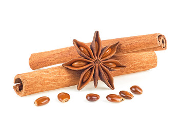 Cinnamon sticks and anise star with seeds isolated on a white background. Spices.