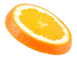 Orange fruit slice isolated on a white background. Single slice of fresh ripe orange.