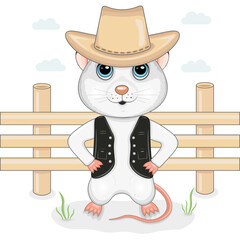 Vector illustration of a cowboy mouse in a hat on a ranch.