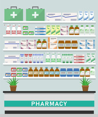 Pharmacy shelves with medicines