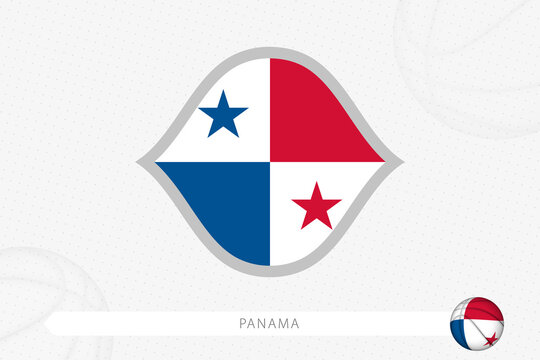 Panama flag for basketball competition on gray basketball background.