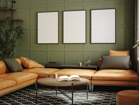 Poster frame mockup in home interior with sofa, table and decor in living room, 3d render