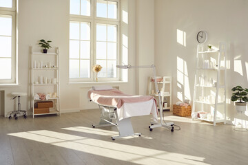 Bright empty cosmetology cabinet in modern beauty clinic. Interior of beautician room in aesthetic...